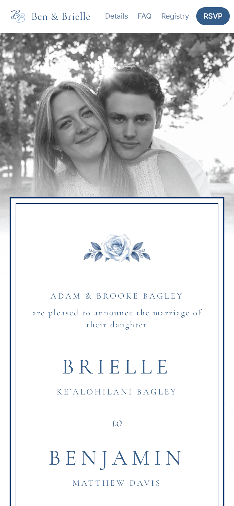 Ben & Brielle website on a phone